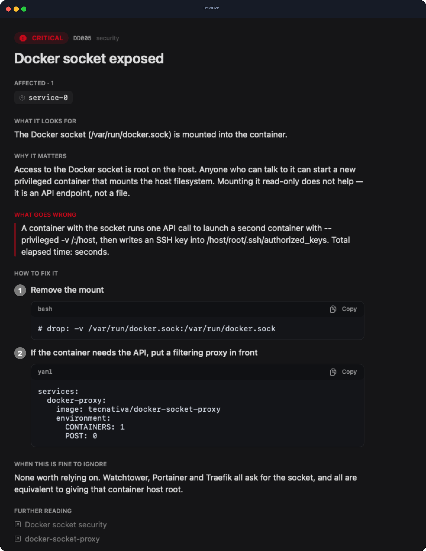 DoctorDock finding detail: Docker socket exposed, why it matters, and how to fix it with copyable commands.