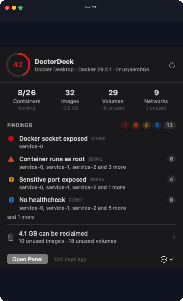 DoctorDock menubar popover: the health score, resource counts and top findings.